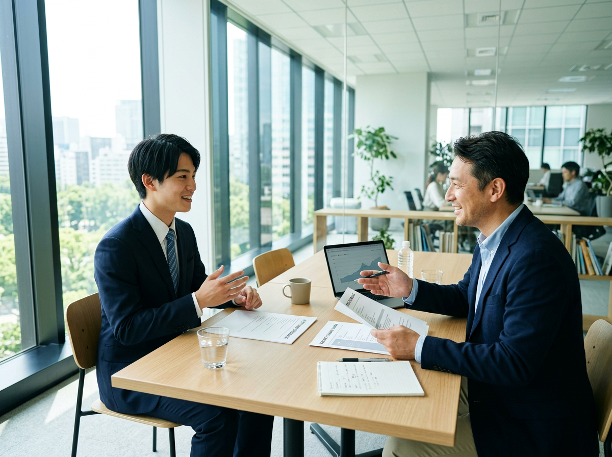 模擬面接で受け答えの練習をする就活生とアドバイザー