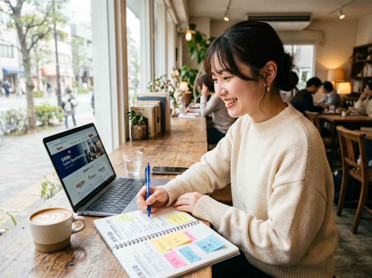カフェでノートパソコンを使って企業研究をする学生